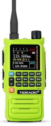 bright green handheld radio on white background 