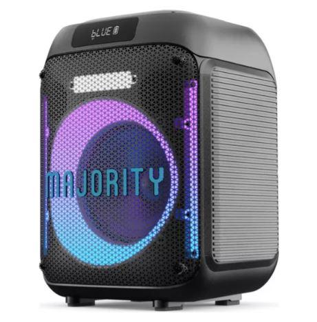 Black square unit speaker, with a purple and blue ring on the front and 'Majority' written across it