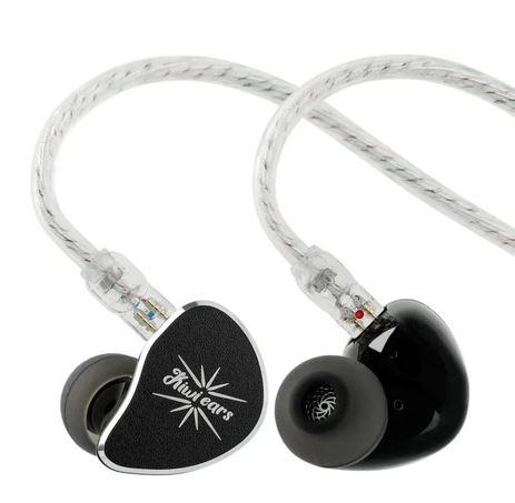 A pair of in-ear monitor headphones with clear braided cables and black earpieces.