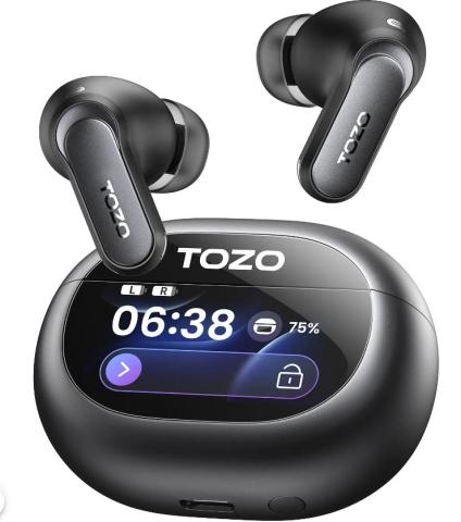Wireless earbuds with charging case featuring a digital display showing time, battery level, and touch control icons. 