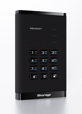 Image of black rectangular data encryption hard drive, with a built-in numeric keypad. 