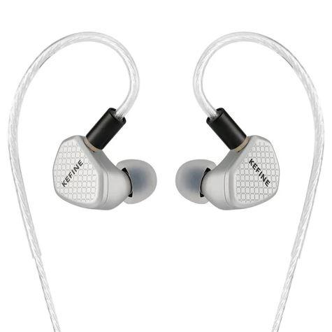 Image of pair of silver in-ear monitors with a clear braided cable. Each earpiece features a honeycomb pattern and has 'KEFINE' printed on the silver faceplates. 