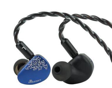 Image of pair of in-ear earphones with a braided black cable. One earpiece faceplate is visible, which is blue and has a decorative white engraved design. 