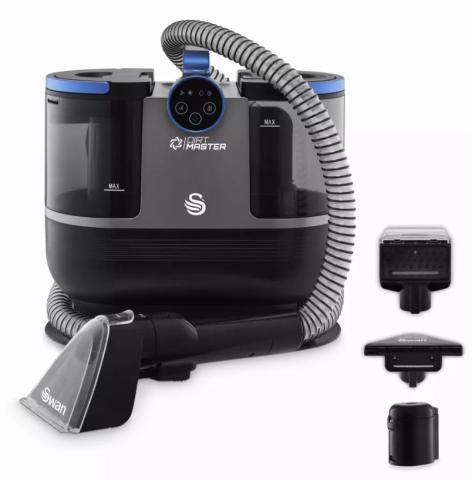 Image of black and blue spot cleaning vacuum unit, with flexible hose and three detachable cleaning attachments displayed beside it.  