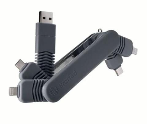 Image of compact, multi-connector design charging cable with various charging connectors unfolded from the main body of the  unit. 