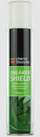 Image of green, black and white spray can labelled 'Cherry Blossom Sneaker Shield'. 