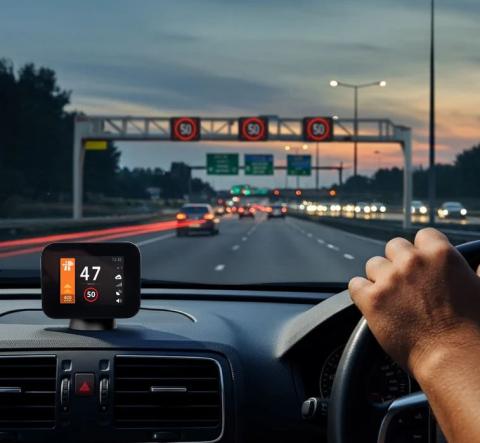 Image showing a driver's view of a road at dusk, with a digital speed limit signs displayed above the lanes. On the car's dashboard is a device which indicates the cars speed which is 47mph. 