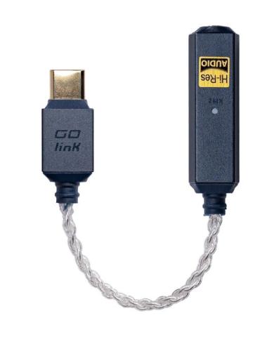 Image of compact audio adapter cable featuring a USB-C connector on one end, which is labeled 'GO Link', and on the other end is a rectangular module, which has a 'Hi-Res Audio' label on it. 