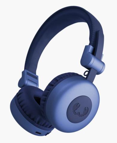 Image of blue and navy retro inspired on-ear headphones with padded headband and cushioned ear cups. The ear cup facing forward has a crab logo design on the outside of it. 