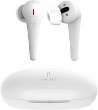 The Comfobud Pro earbuds above their case, in white. Earbuds with long stems.