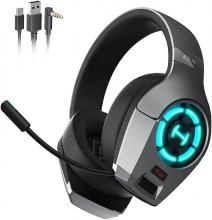 The Edifier GX headphones, with a silver body, microphone and blue light. The three different plug types are shown at the top - headphone jack, USB and Type C