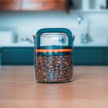 The Zero Jar with its lid on, filled with beans