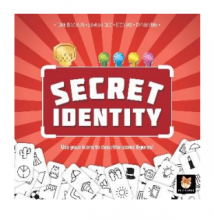The cover of the Secret Identity boardgame box. The words 'Secret Identity' are written in a white on a red background.