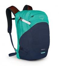 The Osprey Nebula backpack in green on a white background. 