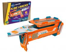 orange and blue constructed plane launcher in front of its packaging box