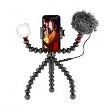 Gorillapod tripod with phone, fluffy mic and LED light attached 