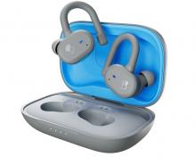 light grey wireless earbud case with bright blue interior, with grey earbuds with over-ear design in matching grey to charging case above