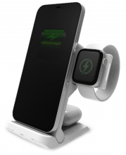 white charging stand with phone, wireless earbuds and smartwatch all charging