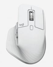Ergonomic Shaped white mouse with silver scroll wheels on top and side 