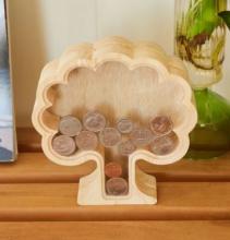 wooden money box tree with clear acrylic screen and coins inside 