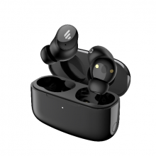 black earphone earbuds in black charging case 