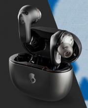 black wireless earbuds above their black charging case on a black and blue background