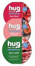 three cat ready meals with a red one made of beef, a pink made of salmon and chicken, and a green made with lamb, all feature the name and a picture of a grey cat on the front
