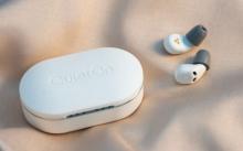 white earbud charging case with small white earbuds with grey tips next to it on a white bedsheet-like background