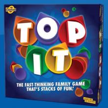 blue Top It boardgame box with different colour cones behind the logo letters 