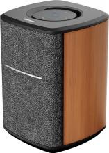 Speaker with black top with control panel and black base, walnut-veneer back and sides, with a grey material front