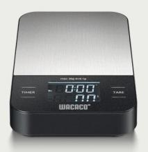Stainless-steel and black plastic coffee scale, with a white and black digital interface for measurement 