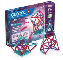 Geomag glitter box showing a range of constructions made of rods, interlocking panels and metal spheres in a blue, pink and purple colourway which are glittery