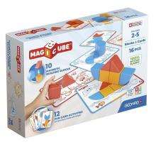 Magicube Block and Cards box in white, showing the blue, yellow and red 3D shape constructions matching a picture on a card