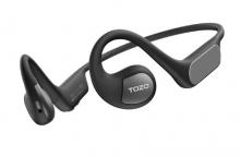 black overear headphones connected with a neckband with 'TOZO' written on over-ear piece 