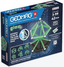 blue geomag box with glowing green construction built of UV rods and silver metal spheres
