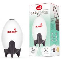 white rocket shape baby rocker device, with black base, next to its box showing the same image of the rocker device