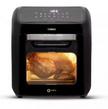 black airfryer with a whole cooked chicken inside 