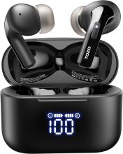 black earphone above the black case with a lit up LED screen on the front showing '100' in white to indicate the charge 