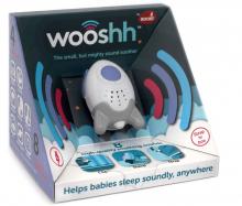 Small rocket shaped sleep soothing device in its dark blue packaging with the 'wooshh' logo on the top 