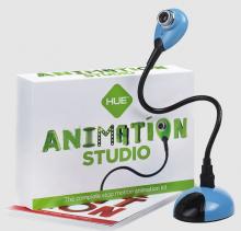 Blue hue camera, with white and green box with 'Animation Studio' written on it 