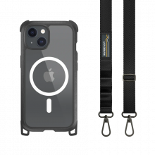 black phone case with MagSafe Connecting ring on the back and black lanyard at side to connect to the base of case 