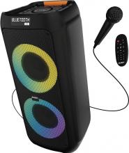 black large speaker unity with yellow and purple/blue LED ring pattern lights with a black microphone and small black remote on a white background 