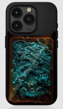 black phone case on black iPhone, case has heat reactive film which shows blue intricate puzzle city image below 