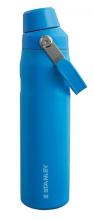 blue insulated water bottle with blue cap and handle on the top