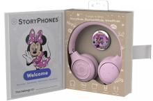 product box open like a book with pink headphones behind a clear screen on the right hand side and a minnie mouse image on the left, all on a white background