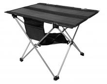 foldable camping table, with silver legs and a black top panel with solar panels on it, underneath is a small mesh canopy, all on a white background 