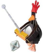 cardboard penguin figure with cardboard controller in hand
