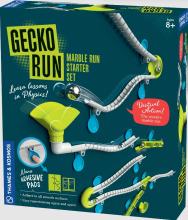 Teal GeckoRun box showing images of the grey tracks and marbles travelling down them