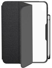 black iPad 10th generation case with black woven front cover and clear plastic back shell with black edges 