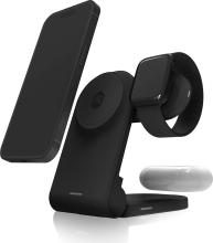 black 3-in-1 L-shaped charging unit with a black phone, a black watch and a white earbud case hovering over each charging station